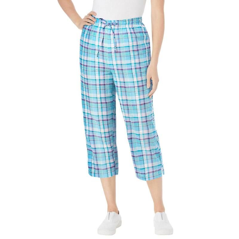 ウーマン ウィズイン レディース ボトムス カジュアルパンツ プラスサイズ プチ キャップ Woman Within Plusize Petite Seersucker PullOn ElasticWaist Capri Pants Paradise Blue