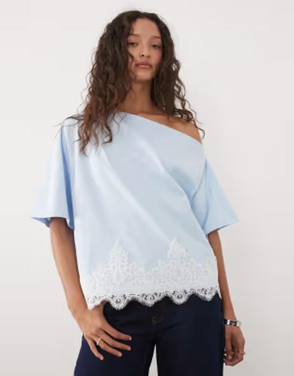 エイソス レディース トップス Tシャツ レーストリム レース ASOS DESIGN fallen shoulder with lace trim top in pastel blue ブルー