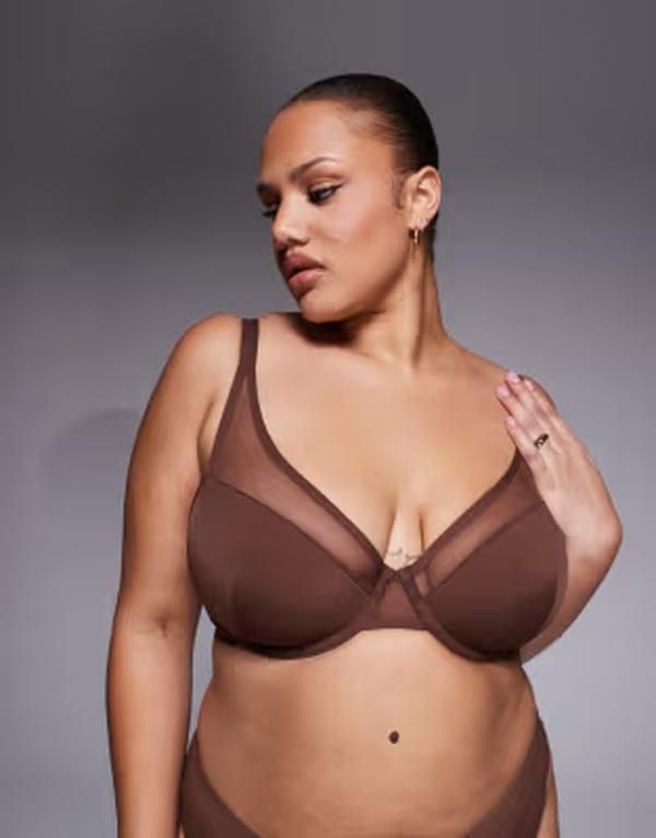 エイソス レディース アンダーウェア ブラジャー メッシュ ASOS Curve ASOS DESIGN Curvella molded microfiber demi pad underwire bra with mesh detail in chocola
