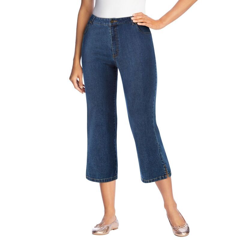 ウーマン ウィズイン レディース ボトムス カジュアルパンツ プラスサイズ プチ デニム キャップ ジーンズ Woman Within Plusize Petite Stretch Denim FivePocket Capri Jeans Medium Sto