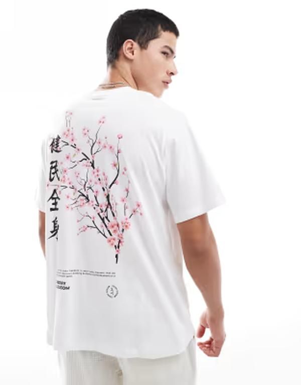 ジャック アンド ジョーンズ メンズ トップス Tシャツ プリント Jack Jones oversized tshirt with japanese blossom print Bright White ホワイト