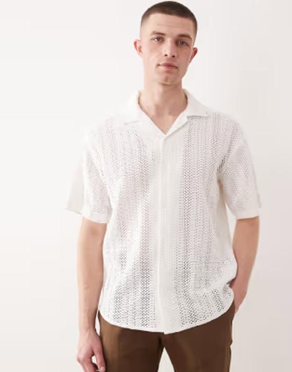 オンリーアンドサンズ メンズ トップス シャツ ONLY SONS crochet shirt in cream Gardenia クリーム