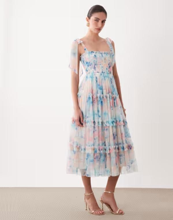 レース アンド ビーズ レディース トップス ワンピース フラワー柄 プリント フリル ミディ フラワー Lace Beads bow shouldershirred ruffle midi dress abstract floral print Multi