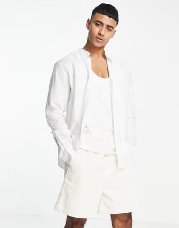 オンリーアンドサンズ メンズ トップス シャツ リネン Only Sons linen mix grandad collar shirt White ホワイト