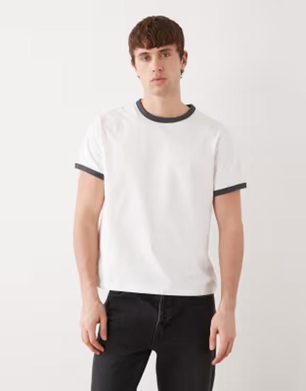 ウィークデイ メンズ トップス Tシャツ Weekday ringer tshirt with gray ribbing Off white オフホワイト