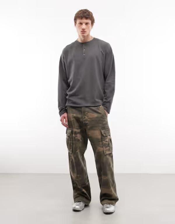 ウィークデイ メンズ トップス Tシャツ ヘンリーネック コットン Weekday Vinny henley neck long sleeve cotton top wash Gray Wash グレー