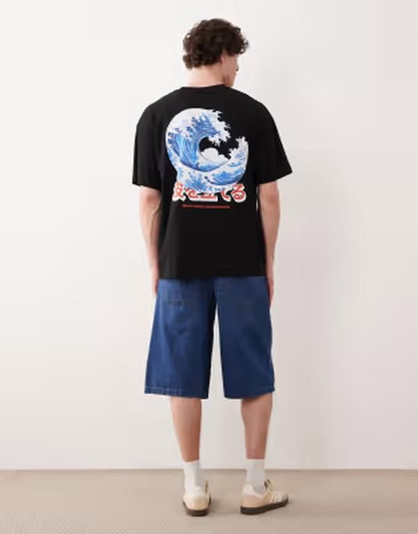 ジャック アンド ジョーンズ メンズ トップス Tシャツ プリント Jack Jones Japanese wave back printshirt in charcoal Black ブラック
