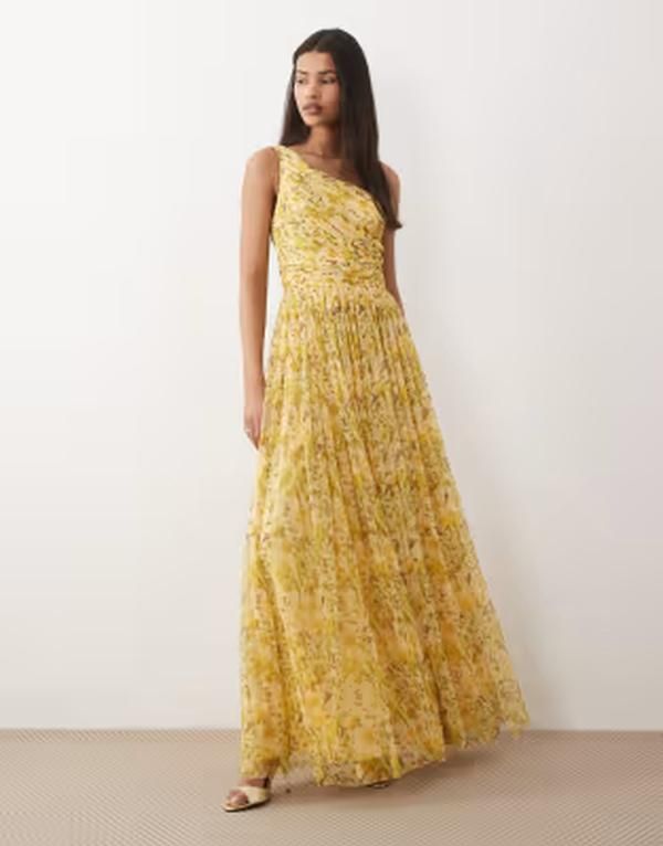 レース アンド ビーズ レディース トップス ワンピース フラワー柄 マキシ フラワー Lace Beads one shoulder maxi dress in yellow floral Yellow floral イエロー