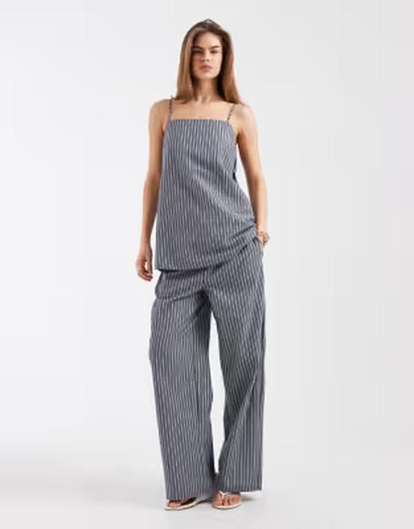 オブジェクト レディース ボトムス カジュアルパンツ ワイドレッグ Objectie waist wide leg pantstripes part of a set Dark Denim Stripes デニム