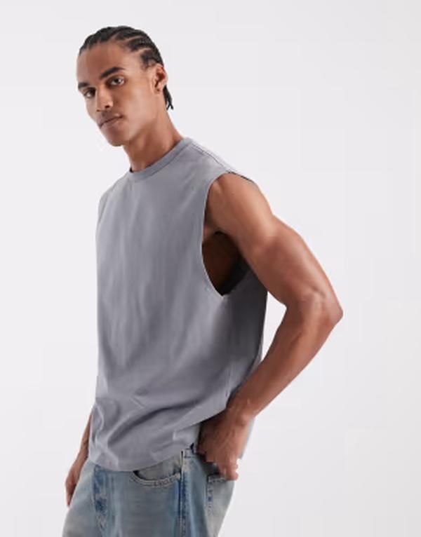 エイソス メンズ トップス ベスト プリント ASOS DESIGN heavyweight oversized tank top with celestial spine print in washed Light washed grey グレー