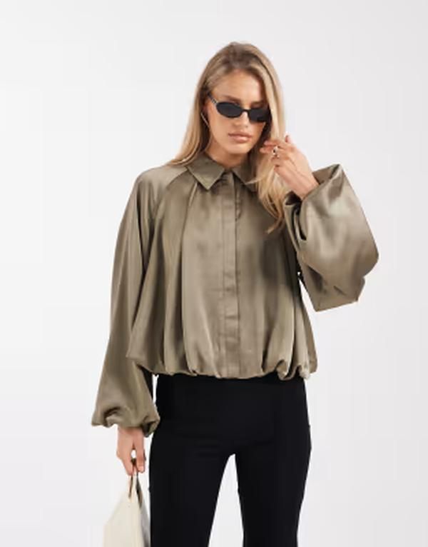 フォースレックレス レディース アウター ジャケット・ブルゾン サテン 4th Recklessatin collar bubble hem sleeve bomber jacket Khaki カーキ