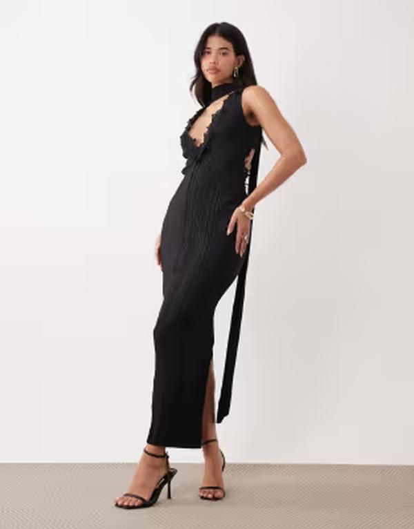エイソス レディース トップス ワンピース レーストリム ミディ レース ASOS DESIGN plisse plunge neck midi dress with scarf detail and lace trim Black ブラック
