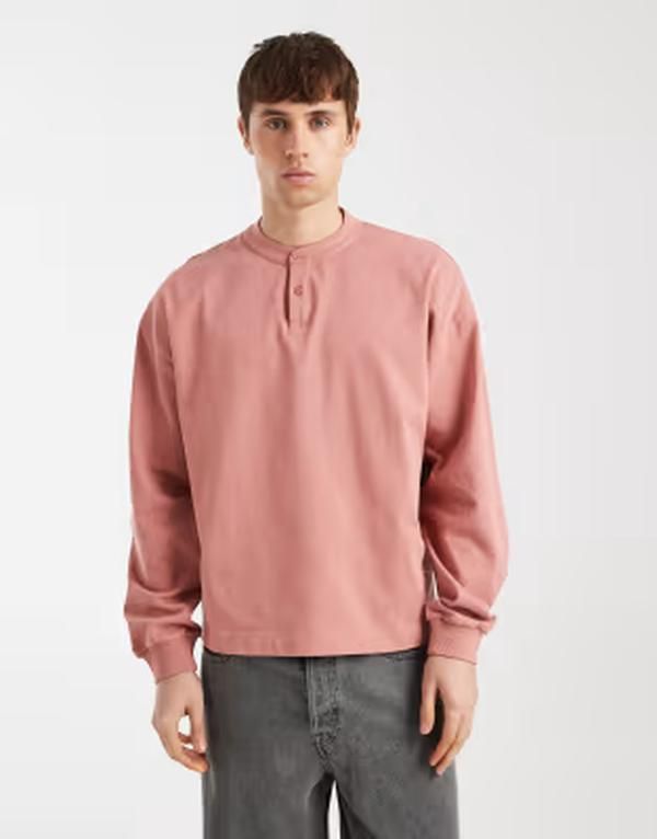 エイソス メンズ トップス Tシャツ ヘンリーネック ASOS DESIGN heavyweight boxy oversized long sleeve Tshirt withenley neck Ash rose アッシュ