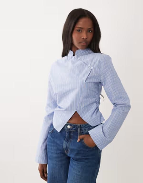 エイソス レディース トップス シャツ ASOS DESIGN mandarin collar cinch fitted shirt stripe Blue Stripe ブルー