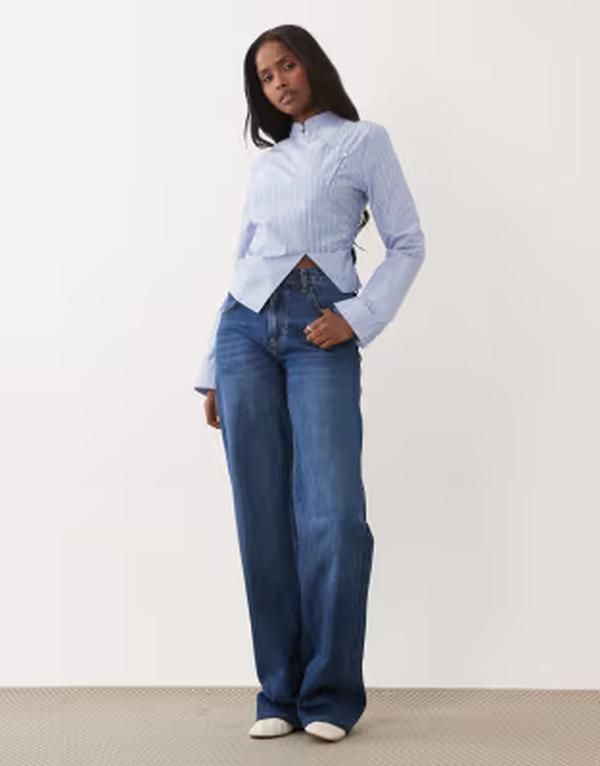 エイソス レディース トップス シャツ ASOS DESIGN mandarin collar cinch fitted shirt stripe Blue Stripe ブルー エイソス レディース トップス シャツ ASOS DESIGN mandarin collar cinch fitted shirt stripe Blue Stripe ブルー
