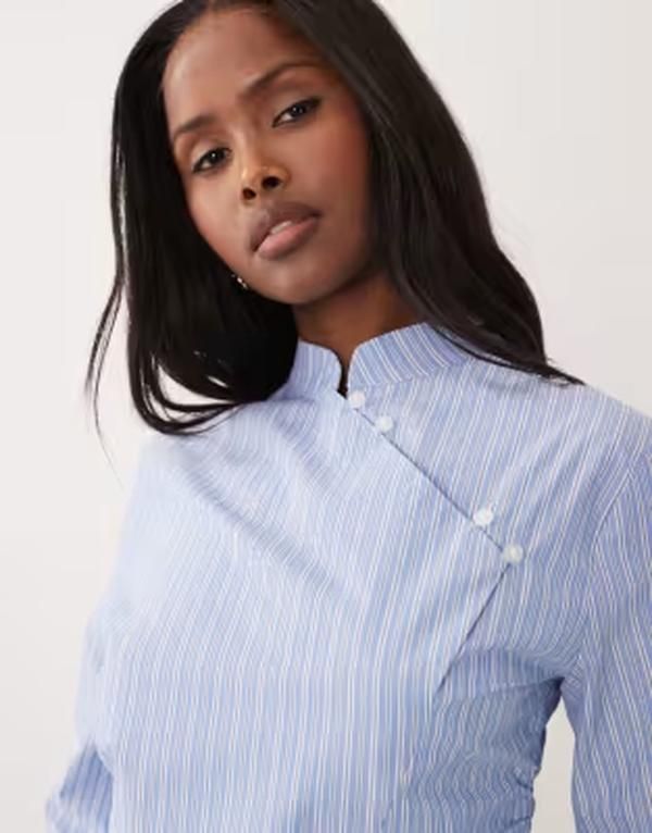 エイソス レディース トップス シャツ ASOS DESIGN mandarin collar cinch fitted shirt stripe Blue Stripe ブルー エイソス レディース トップス シャツ ASOS DESIGN mandarin collar cinch fitted shirt stripe Blue Stripe ブルー