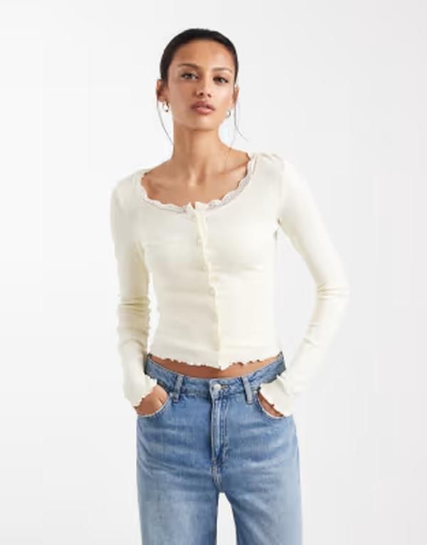 ブレーブソウル レディース トップス シャツ カーディガン レース ニット Brave Soul fine knit cami and cardigan set with lace detail in lemon yellow イエロー