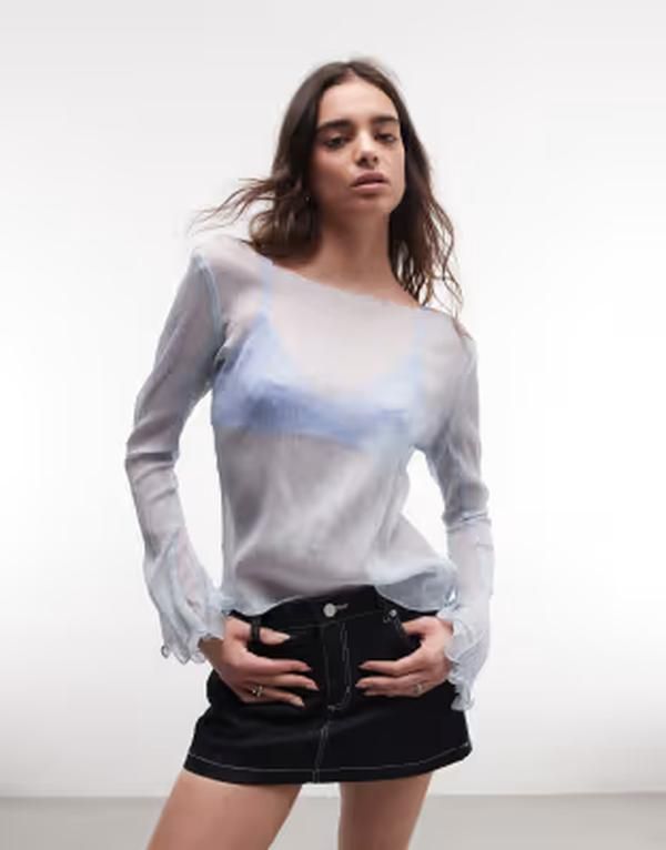 モンキ レディース トップス シャツ シアー Monki sheer floaty long sleeve top in light Blue ブルー
