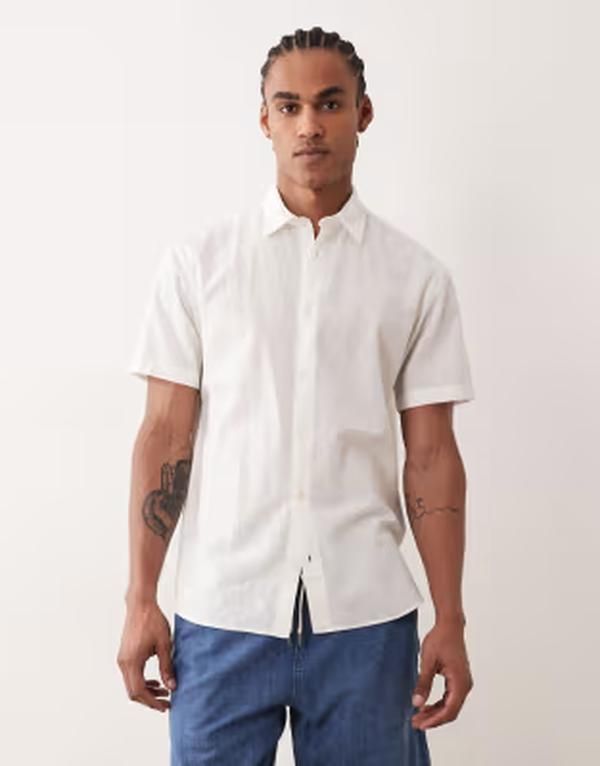 ジャック アンド ジョーンズ メンズ トップス シャツ リネン Jack Joneshort sleeve linen blend shirt White ホワイト