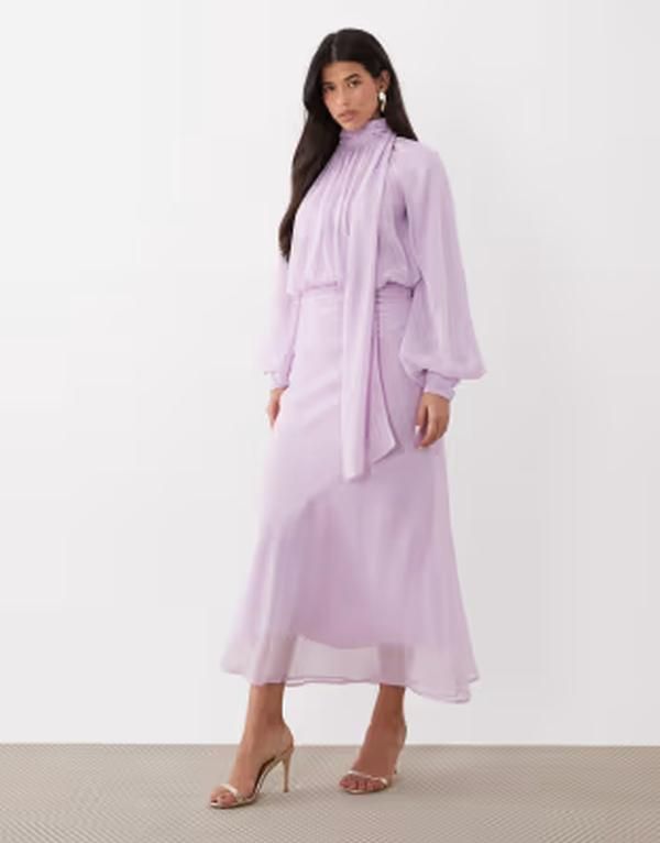 エイソス レディース トップス ワンピース シフォン ハイネック ドレープ マキシ ASOS DESIGN high neck drape chiffon maxi dress with neck tie in lilac ライラック