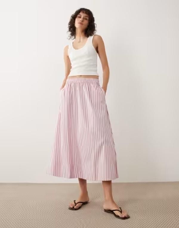 ジェイディーワイ レディース ボトムスカート JDY poplin midaxi skirt burgundy stripe Chalk pink チョーク