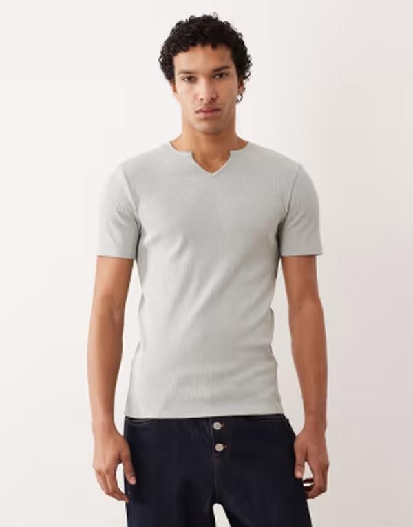 エイソス メンズ トップス Tシャツ リブニット ASOS DESIGN muscle fitshirt with notch neck in light green rib knit Pigeon グリーン
