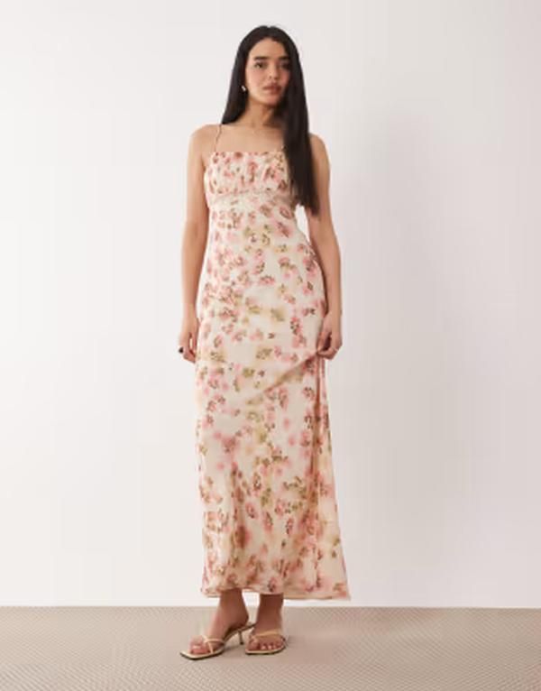 エイソス レディース トップス ワンピース レーストリム フラワー柄 レース マキシ フラワー ASOS DESIGN slip maxi dress with lace trim floral Pink floral ピンク