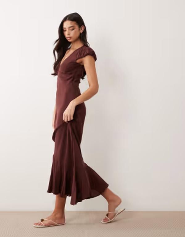 エイソス レディース トップス ワンピース Vネック マキシ ASOS DESIGN puff sleeve Vneck maxi tea dress in chocolate チョコレート