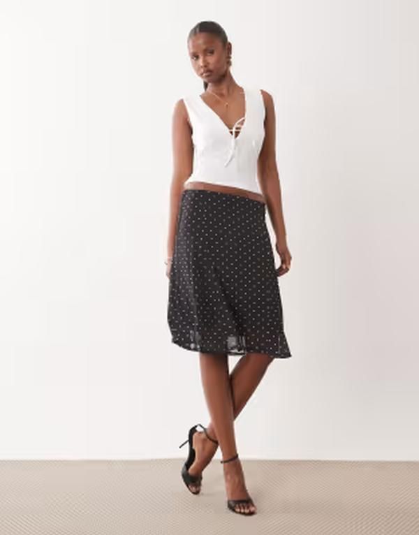 エイソス レディース ボトムスカート ドット柄 ローライズ ドット プリント メッシュ ミディ ASOS DESIGN low rise mesh midi pencil skirt with godets in mono polka dot print pa