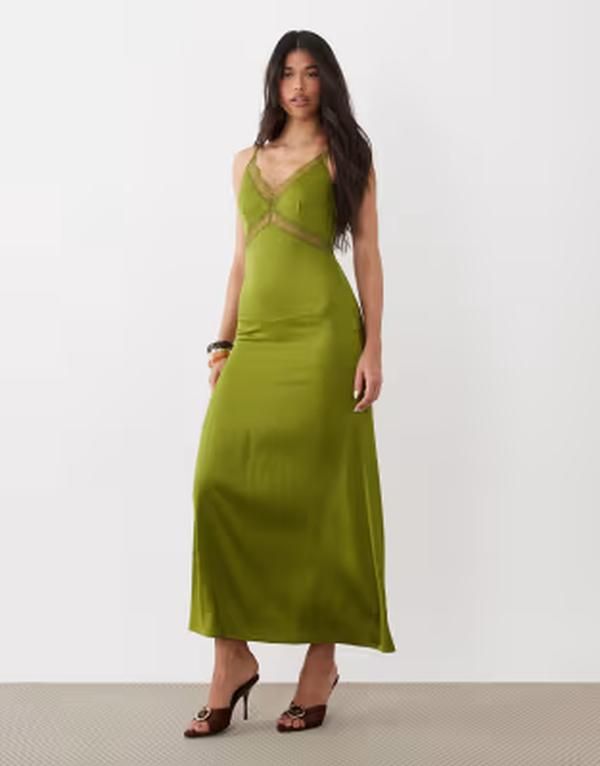 オンリー レディース トップス ワンピース サテン レース マキシ ONLY satin feel maxi dress with lace detail in olive Cardamom Seed オリーブ