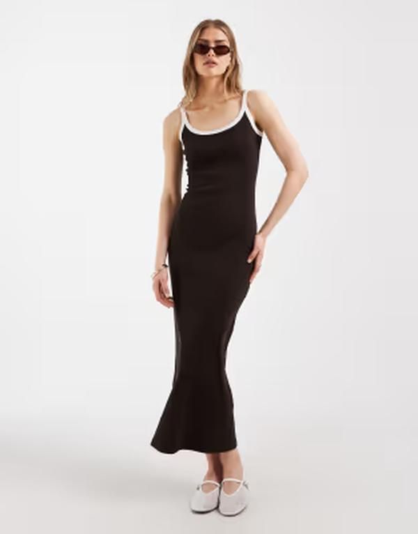 エイソス レディース トップス ワンピース リブ ミディ コントラスト ASOS DESIGN ribbed midi dress in chocolate with contrast white trim Chocolate cream クリーム