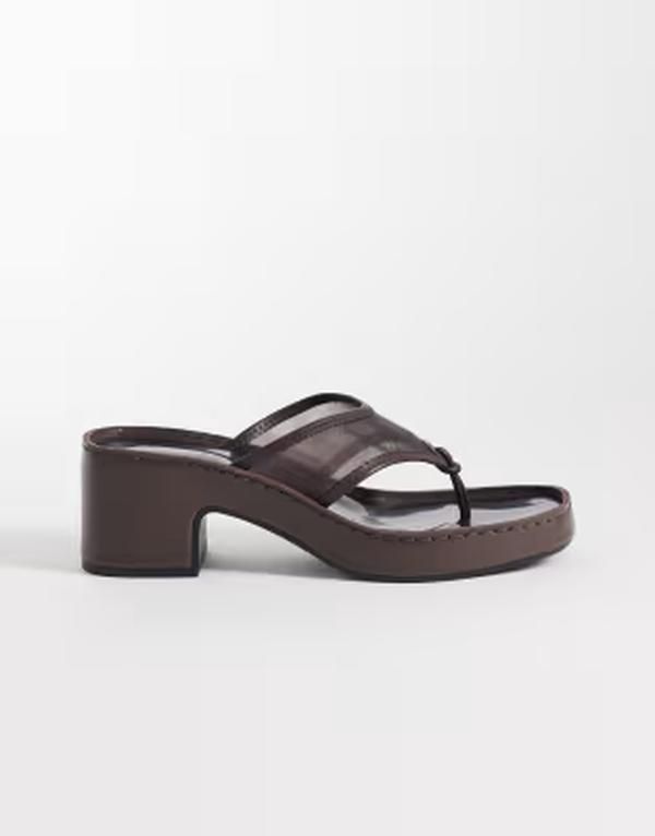 カルバンクライン レディース シューズ サンダル メッシュ レザー ジーンズ ヒール Calvin Klein Jeans mesh and leather block heel flip flop sandals Rocky Brown ブラウン