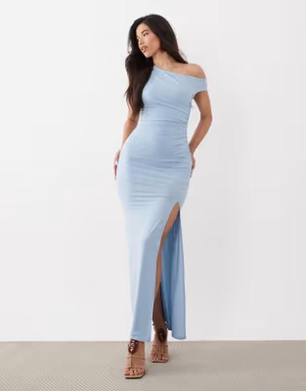 ティエフエヌシー レディース トップス ワンピース TFNC slinky fallen shoulder thigh split midaxi dress in baby blue ブルー