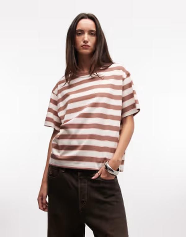 モンキ レディース トップス Tシャツ Monki oversized boxy Tshirt stripe Brown ブラウン