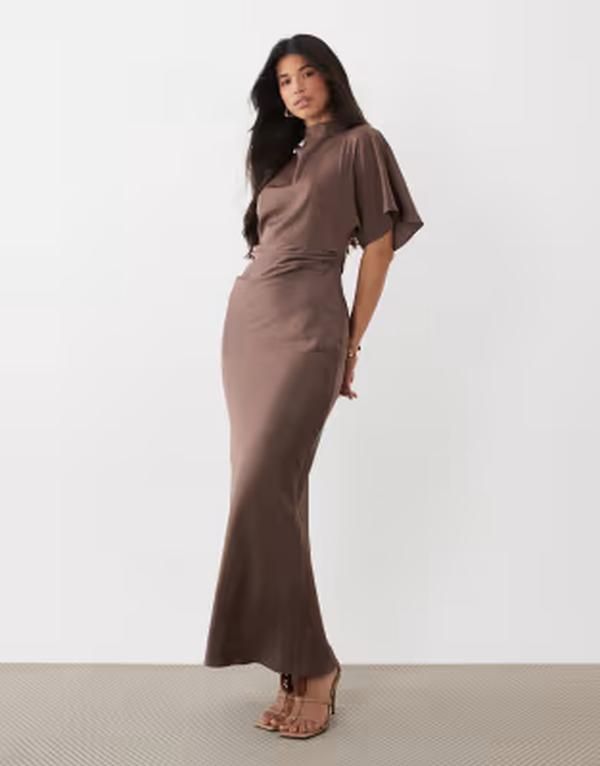 エイソス レディース トップス ワンピース ハイネック サテン マキシ ASOS DESIGN satin high neck blouson maxi dress with flutter sleeve in light Brown ブラウン
