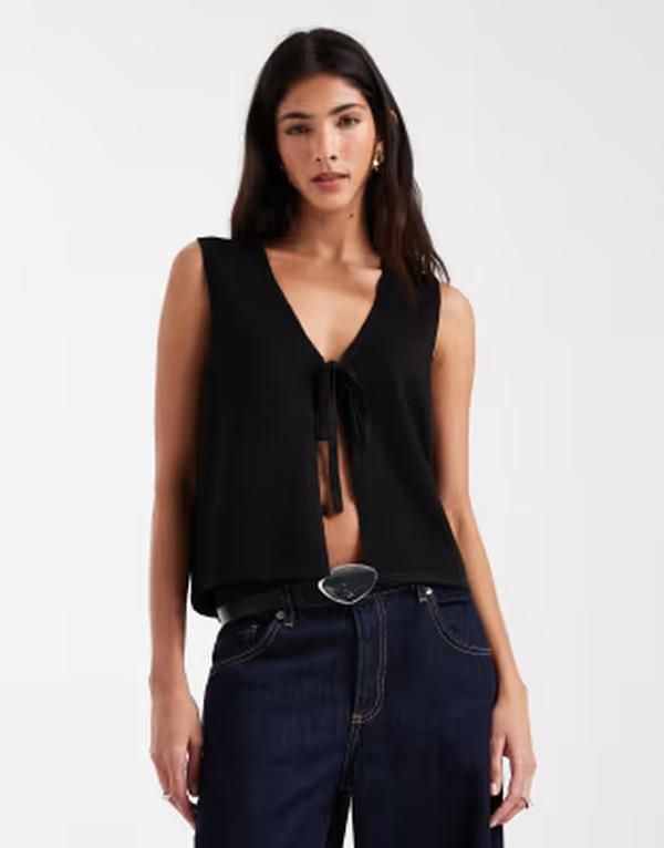ピーシーズ レディース トップス ベスト ノースリーブ ニット Pieces tie front sleeveless knitop Black ブラック