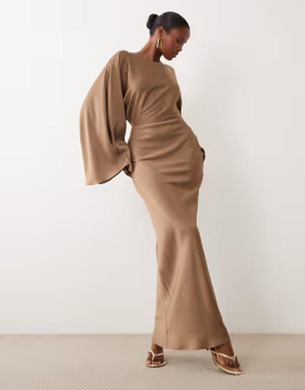 エイソス レディース トップス ワンピース サテン マキシ ASOS DESIGN textured satin batwing sleeves bias cut waisted maxi dress in light chocolate チョコレート 24,708円