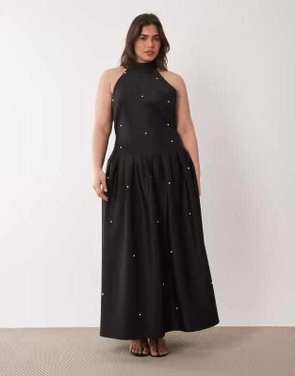 エイソス レディース トップス ワンピースキューバ マキシ ASOS Curve ASOS DESIGN Curve Premium faux pearl embellished maxi dress with scarf detail scubastyle