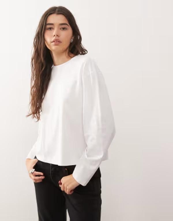 コルージョン レディース トップス Tシャツ COLLUSION boxy long sleeve Tshirt WHITE ホワイト