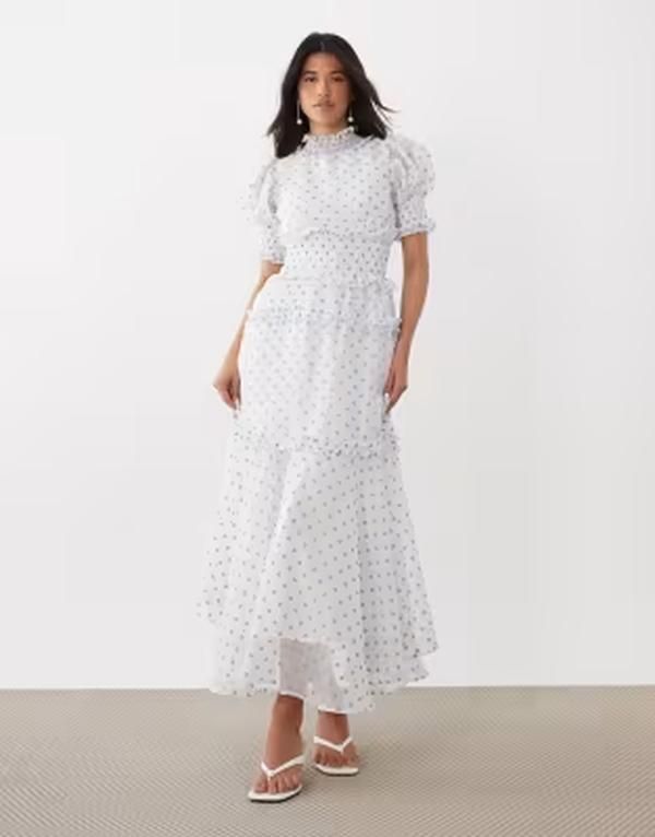 シスタージュン レディース トップス ワンピース ドット柄 シフォン ドット フリル マキシ Sister Jane chiffon shirred ruffle puff sleeve maxi dress polka dot WHITE ホワイト