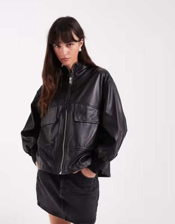 オールセインツ レディース アウター ジャケット・ブルゾン レザー AllSaints Flor zip up cinched leather jacket black ブラック