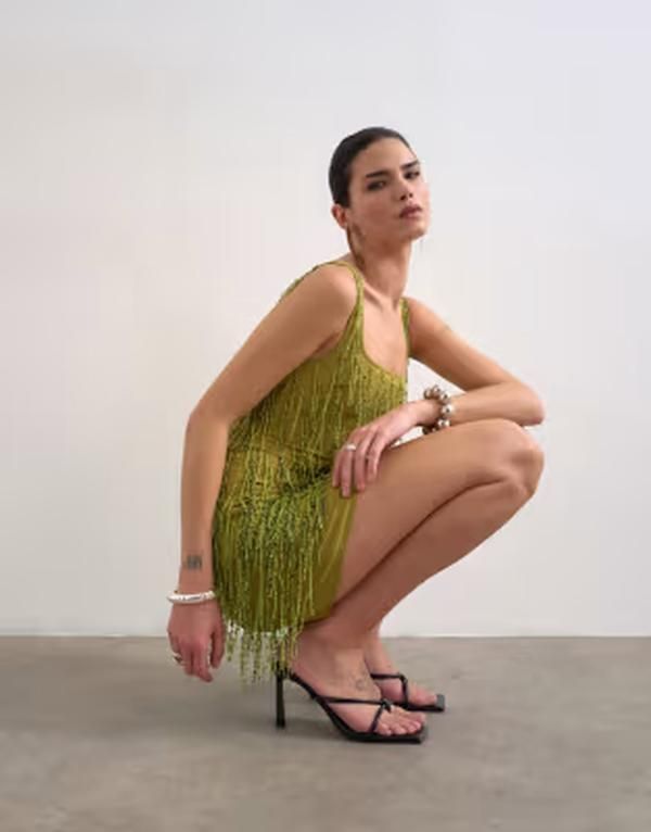 トップショップ レディース トップス ワンピース ミニ フリンジ Topshop all over embellished fringe mini dress Green グリーン
