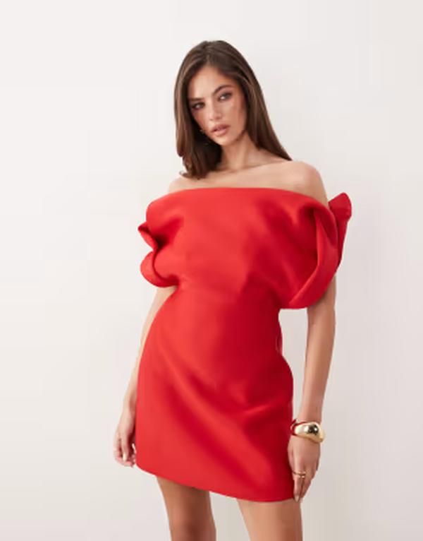 エイソス レディース トップス ワンピース ミニ スキューバ ASOS DESIGN structured bardot mini dresscubastyle fabric Red レッド