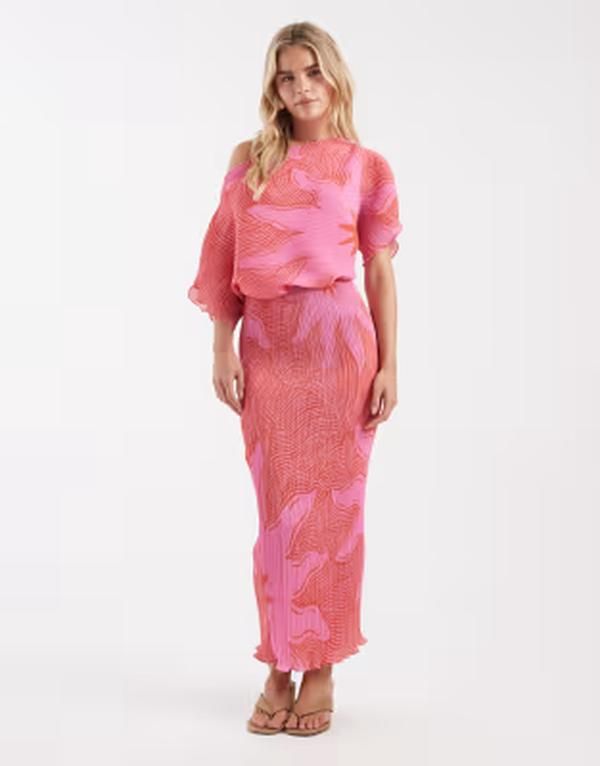 ネバーフリードレスド レディース トップス ワンピース プチ プリント Never Fully Dressed Petite Tilly off the shoulder pliss midaxi dressun print PINK ピンク