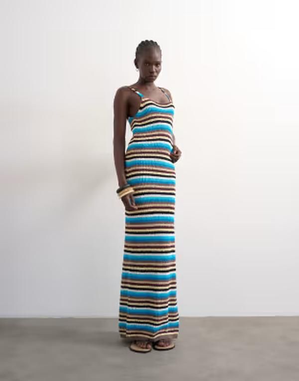 トップショップ レディース トップス ワンピース ニット マキシ Topshop knit multi stripe maxi dress Blue ブルー
