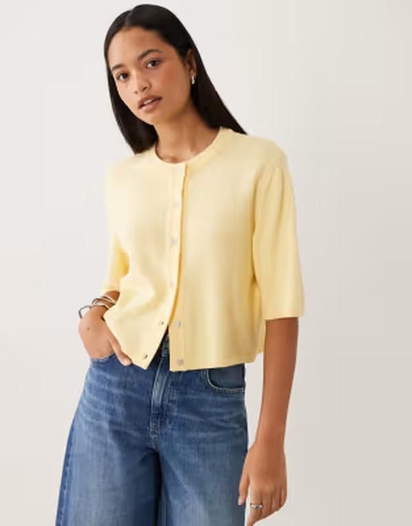 オブジェクト レディース アウター カーディガン ニット Object short sleeve knit cardigan in buttermilk Sunlight