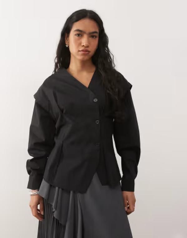 リクレイム ヴィンテージ レディース トップス シャツ アシンメトリー Reclaimed Vintage asymmetric button up shirt with panel details black ブラック