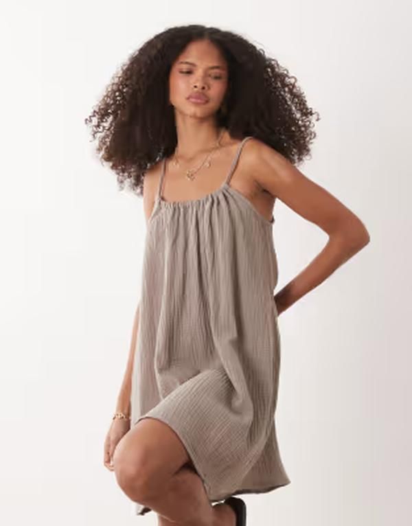 ジェイディーワイ レディース トップス ワンピース ミニ ノースリーブ JDY cheesecloth sleeveless mini dress in light Brindle ブラウン