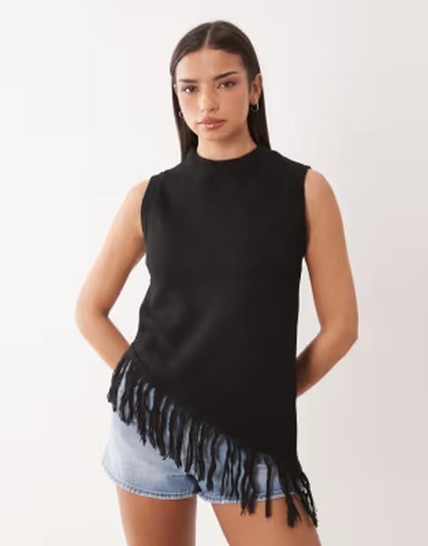 エイソス レディース トップス タンクトップ ニット フリンジ ASOS DESIGN knit longline fringe tank black ブラック