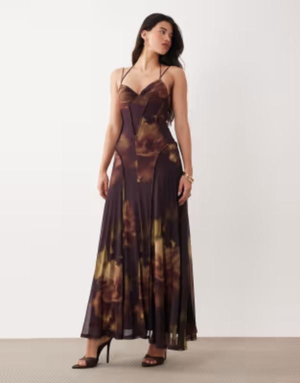 エイソス レディース トップス ワンピース フラワー柄 プリント メッシュ マキシ フラワー ASOS DESIGN printed mesh maxi dress with exposed seam detail in dark floral print F